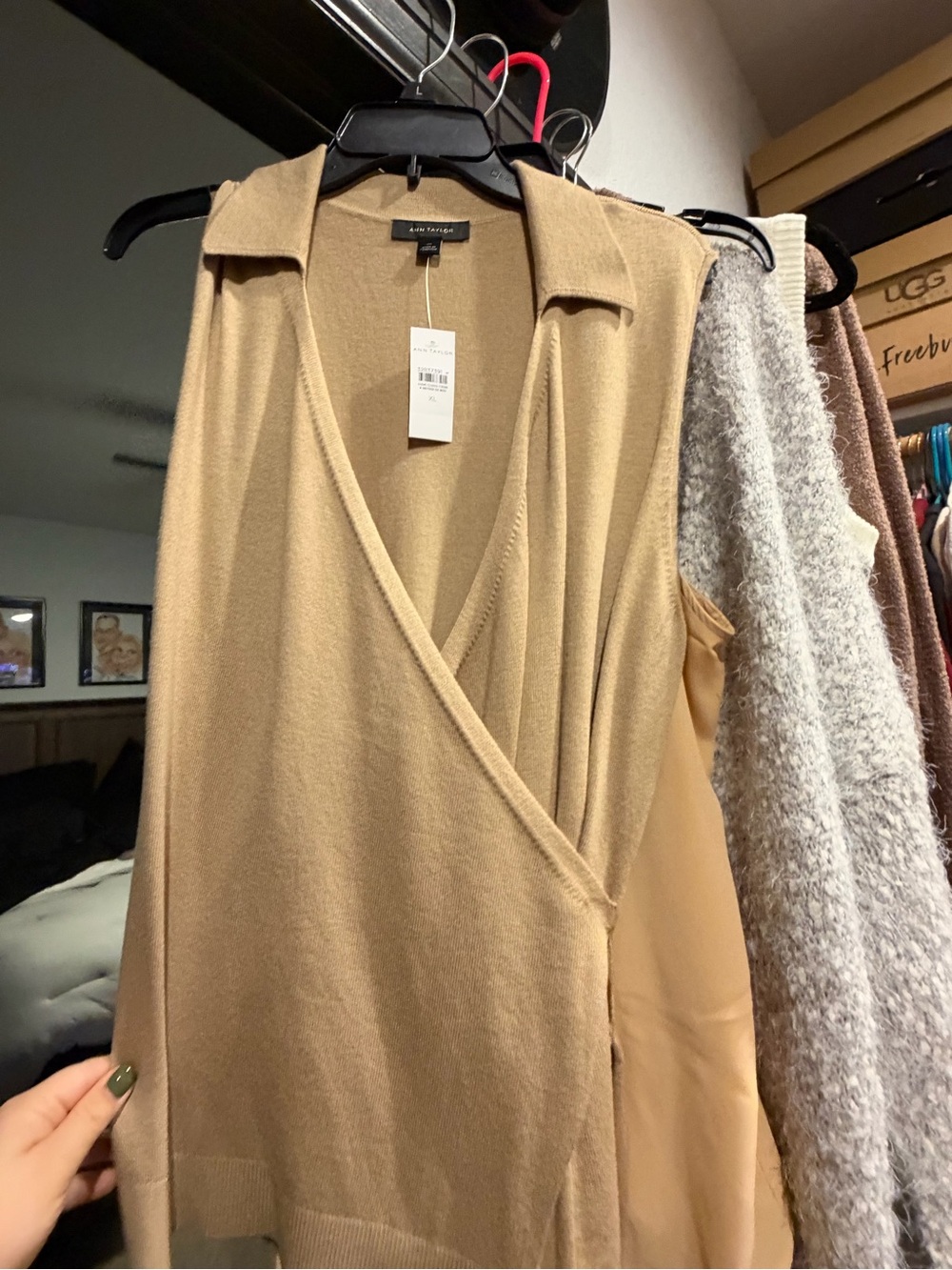 Ann Taylor Sleeveless Wrap-Front Knit Sweater Vest in Camel